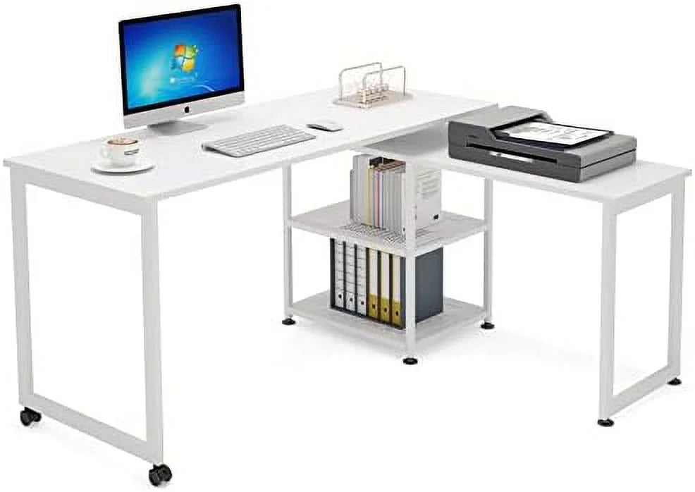 L-Shaped Desk 55 inch Reversible Corner Computer Desk with Shelves White A71229