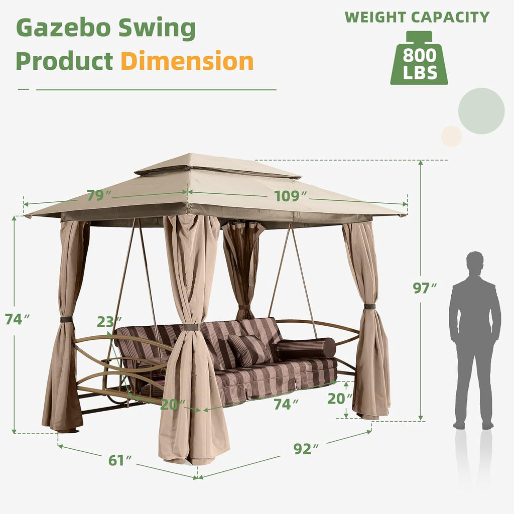 3 Person Double Top Outdoor Patio Gazebo Swing with Netting & Curtain M339