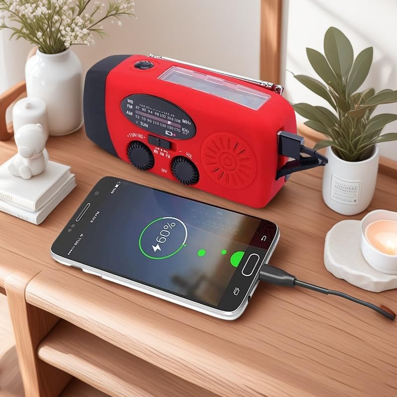 Portable Self-Powered AM/FM/NOAA Weather Radio with Solar & Hand-Crank Charging, LED Flashlight, USB Rechargeable, 2000mAh Power Bank E31274
