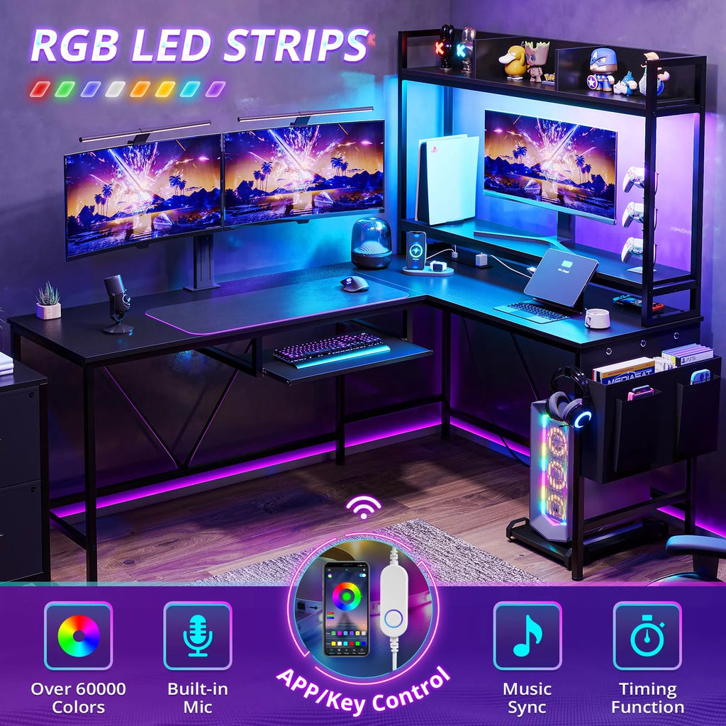 L Shaped Computer Desk with Power Outlet and LED Strip, Black Y5729