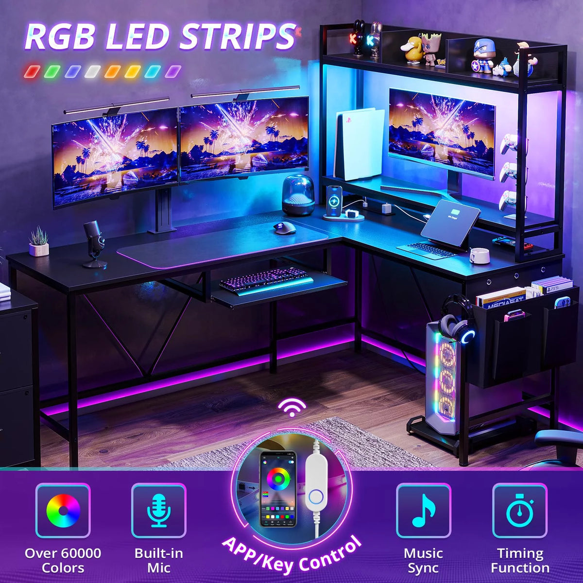 L Shaped Computer Desk with Power Outlet and LED Strip, Black Y5729
