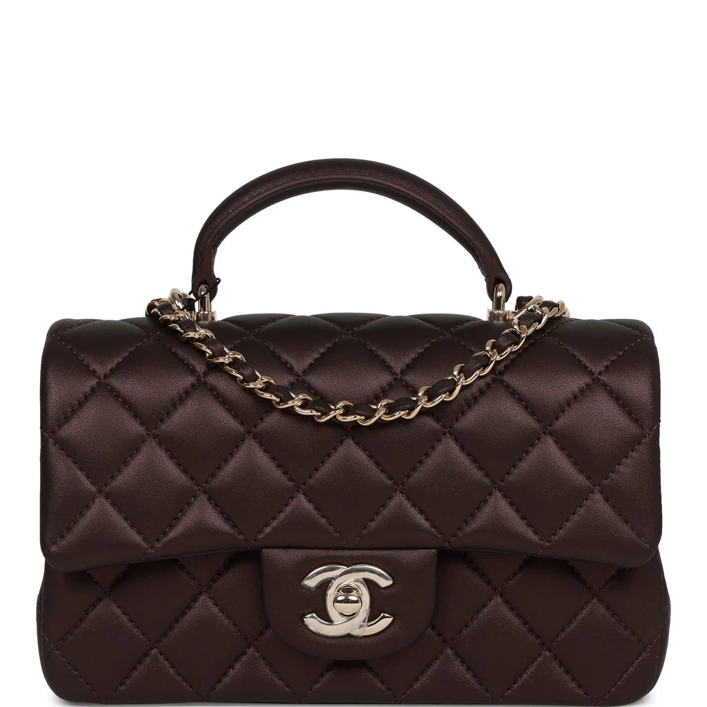 Burgundy Lambskin Mini Rectangular Flap Bag with Top Handle L6270
