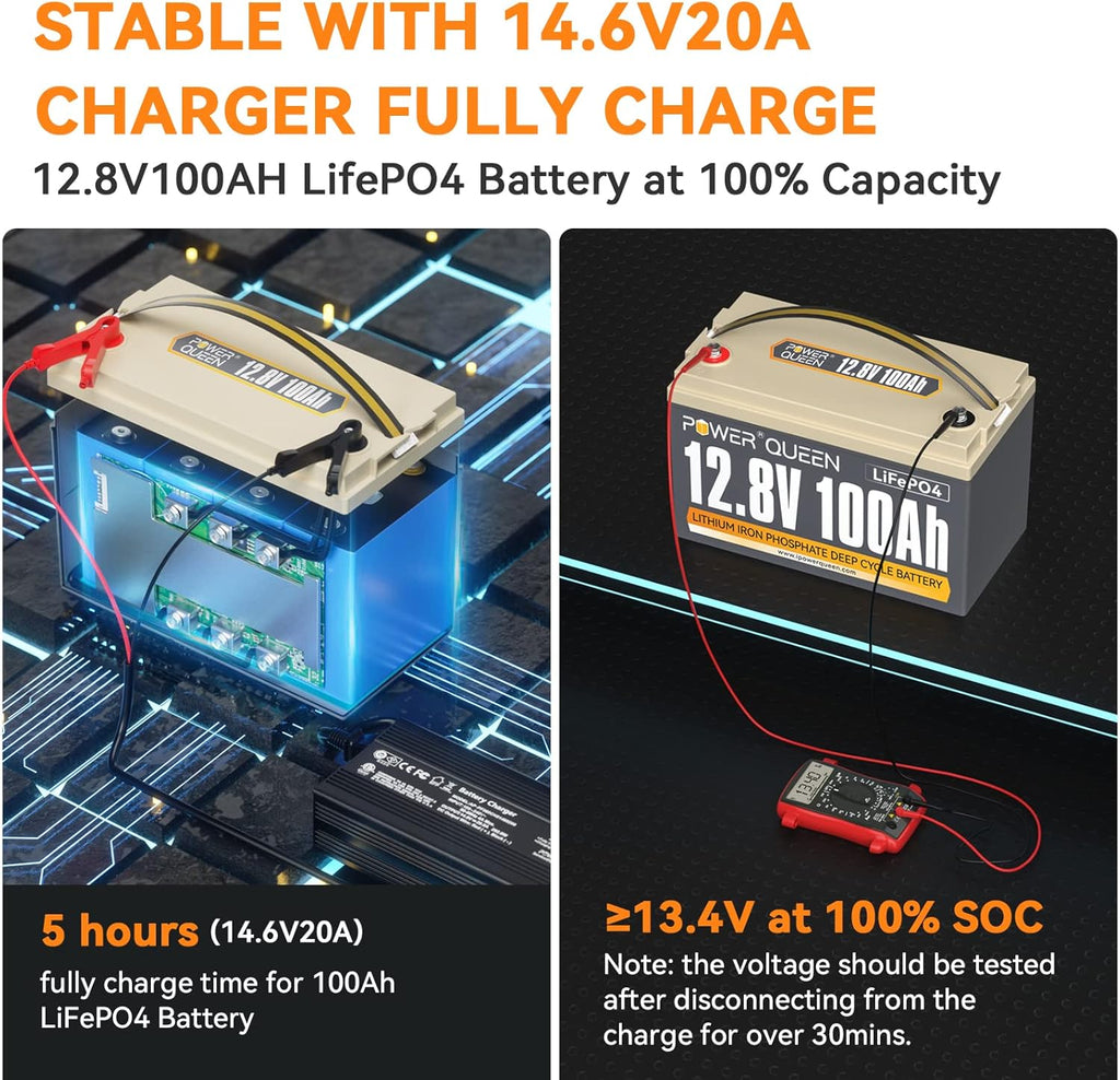 12.8V 100Ah LiFePO4 Battery with 14.6V 20A LiFePO4 Battery Charger M544