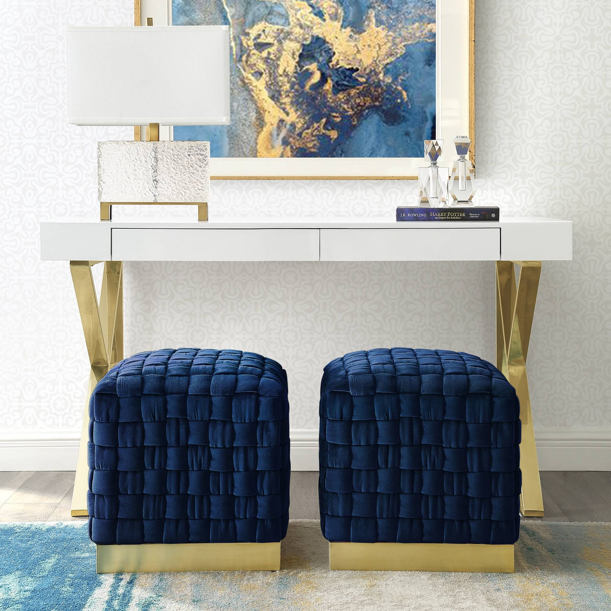 Navy Gold Velvet Cube Ottoman Q2981