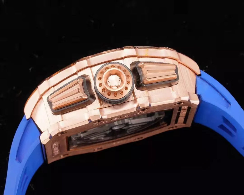 Blue Dial Rose Gold Bezel Rubber Strap Skeleton Watch X187