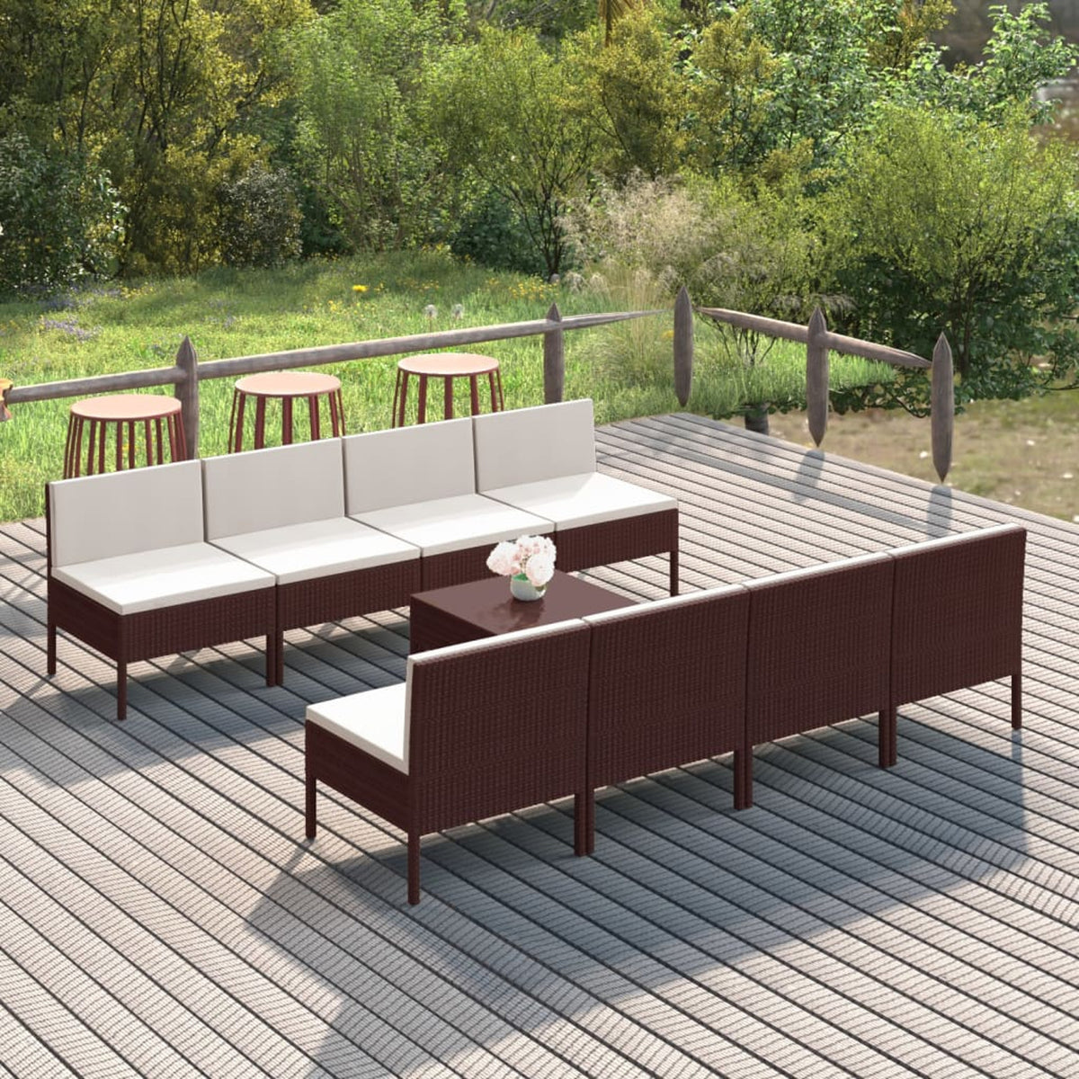 9 Piece Garden Conversation Set with Cushion and Footrest Brown Poly Rattan Sectional Outdoor Furniture Set K240