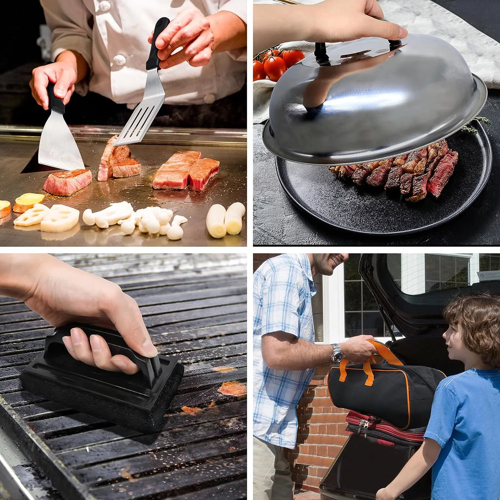137 Flat Top Grill Accessories Kit with Spatula, Basting Cover, Scraper, Bottle, Tongs, Egg Rings & Carry Bag R52363