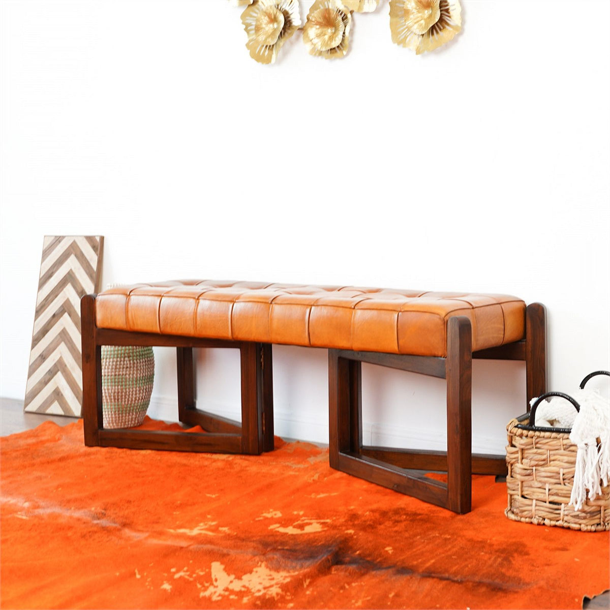 Tan Upholstered Leather Bench W4931