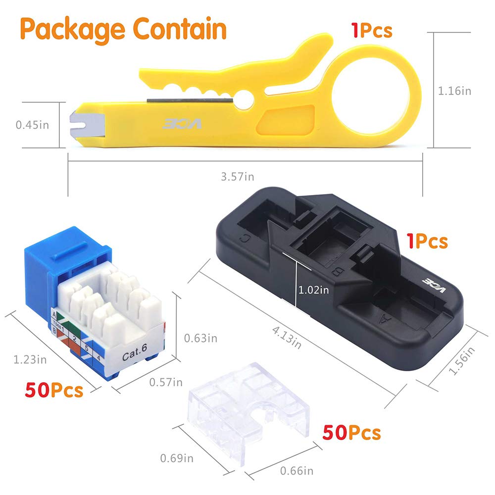 50-Pack RJ45 Cat6 90-Degree Keystone Jack Insert with Punch Down Stand Tool and Wire Stripper Cutter H8102