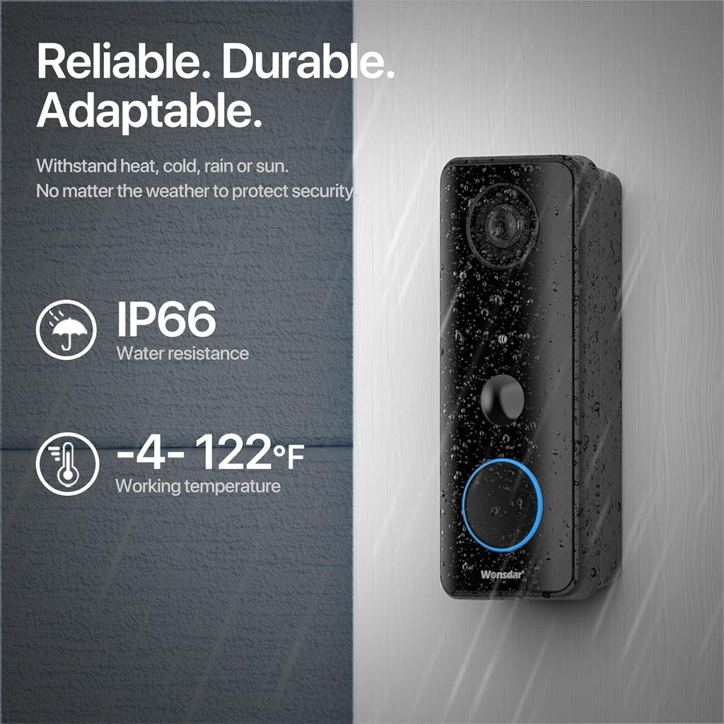 Black Video Doorbell Camera with Chime, 1080P Wireless WiFi, IP66 Waterproof, Two-Way Audio J4629