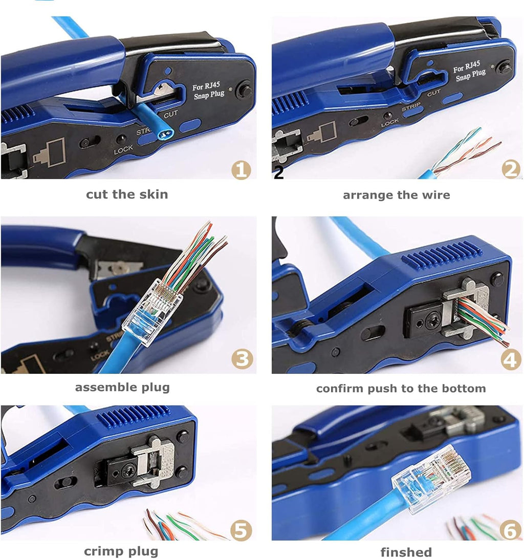 RJ45 Crimp Tool Ethernet Cable Crimper Wire Cutter Stripper Network Pass Through Crimping Tool Kit for Cat5e Cat6 Cat6a, 50Pcs Cat6 Connector & 50Pcs Cat6 Protector Cover S263