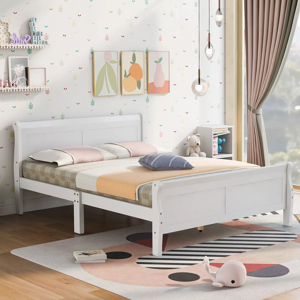 White Full Size Platform Bed Frame with Wood Headboard and Footboard N51747