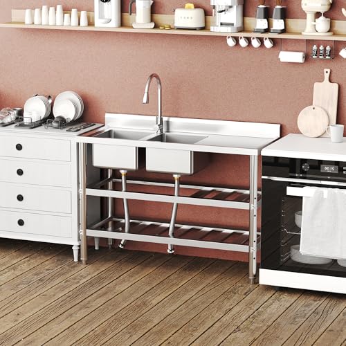 Stainless Steel Double Bowl Utility Sink with Pull-Down Faucet L5237