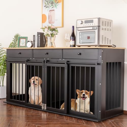 Black 72''W*24''D*35''H Wooden Dog Crate with Room Divider & 3 Drawer Double Doors W722993