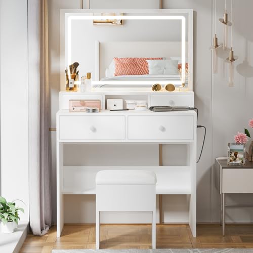 White Makeup Vanity with Lighted Mirror and Charging Station Z55013