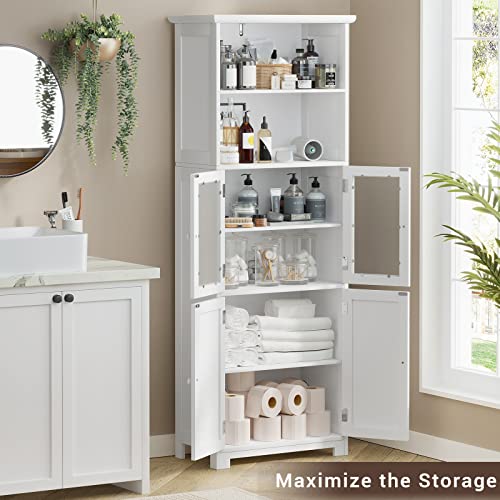 White Tall Bathroom Storage Cabinet with 2 Open Compartments and 2 Cabinets with Doors G743850