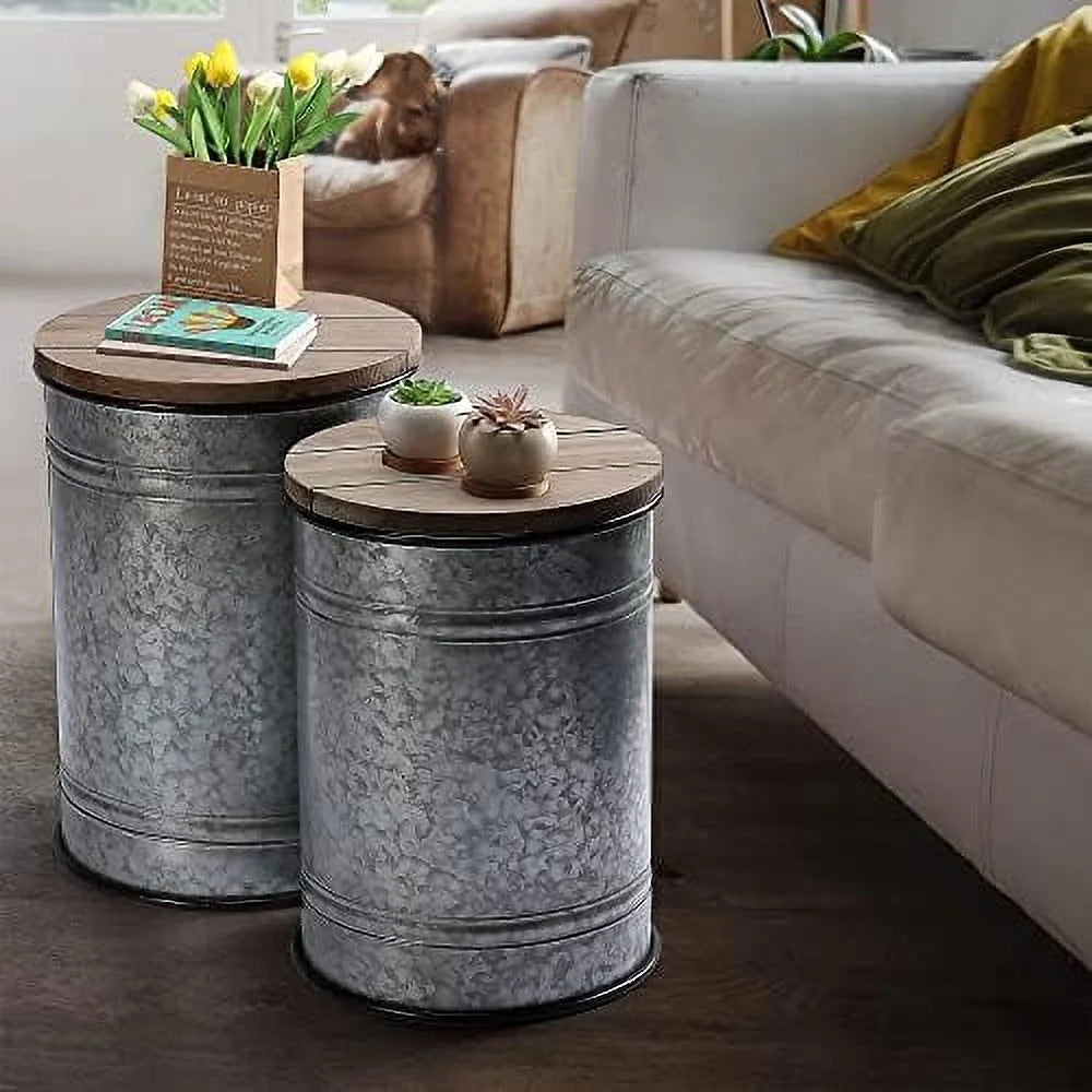 Rustic Ottoman Seat Stool Side Table Set of 2 G431487