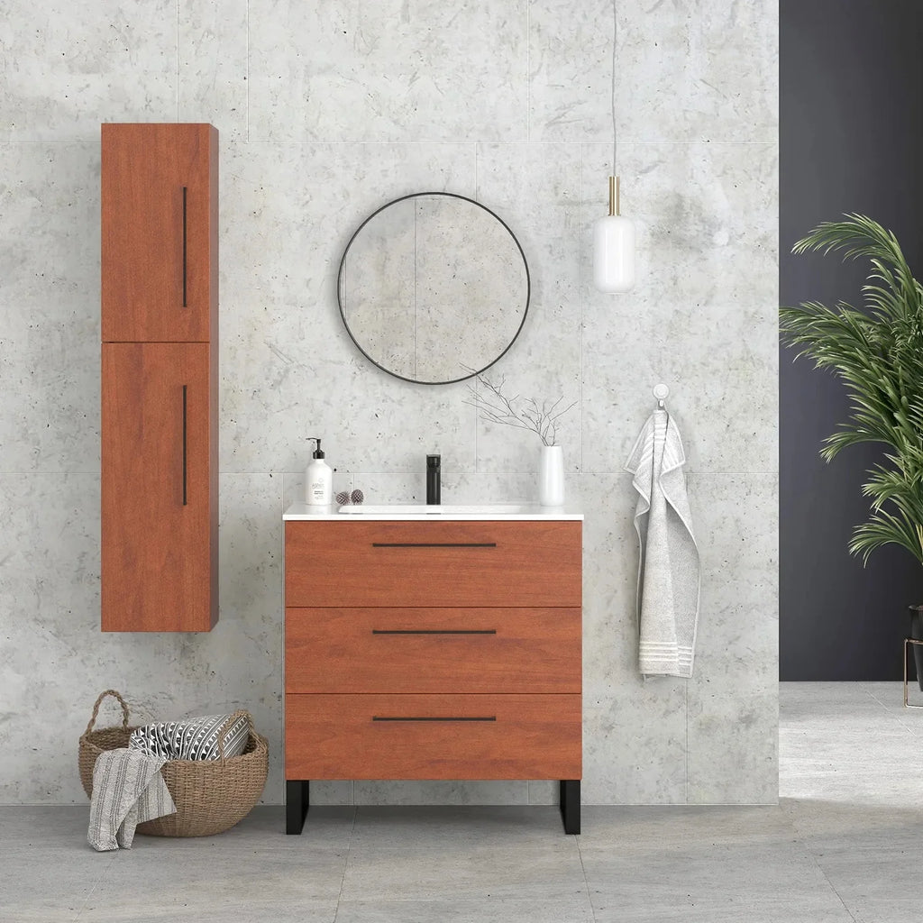 Column Cabinet Autumn Oak Wood Finish Black Handles J5828