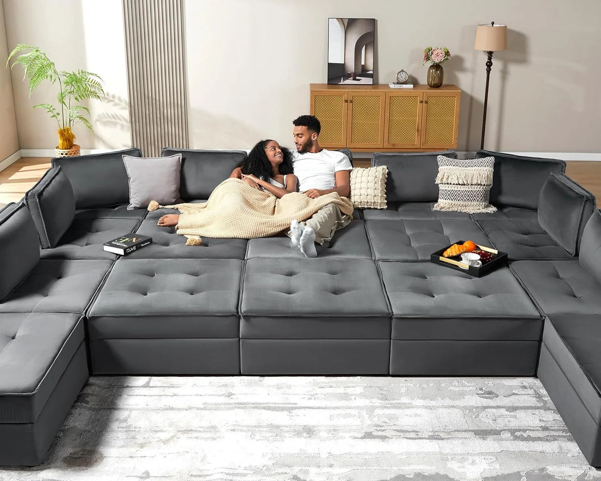 7 Seater Velvet Beige Sectional Sofa H1199