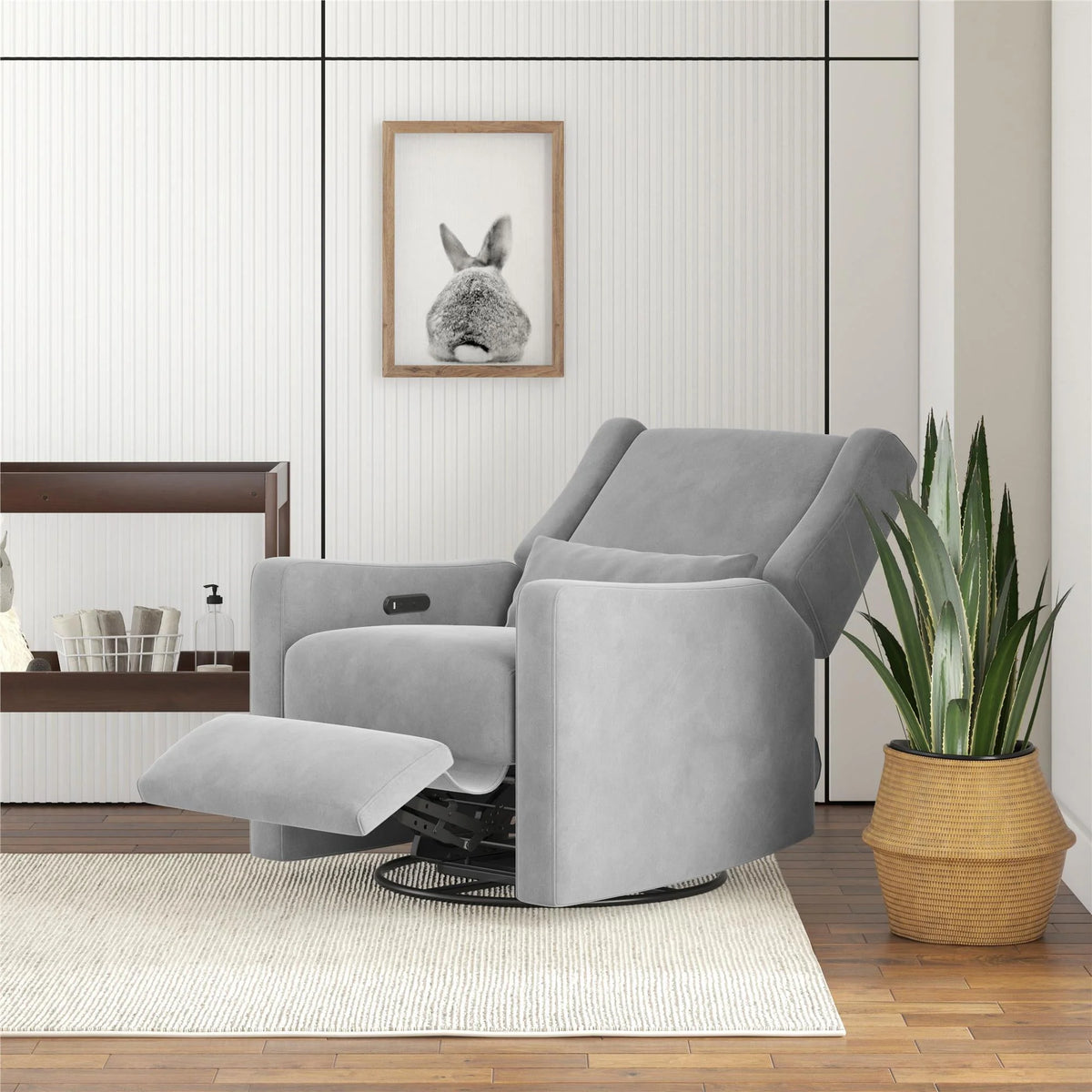 Gray Velvet Swivel Glider Recliner with USB Ports T655