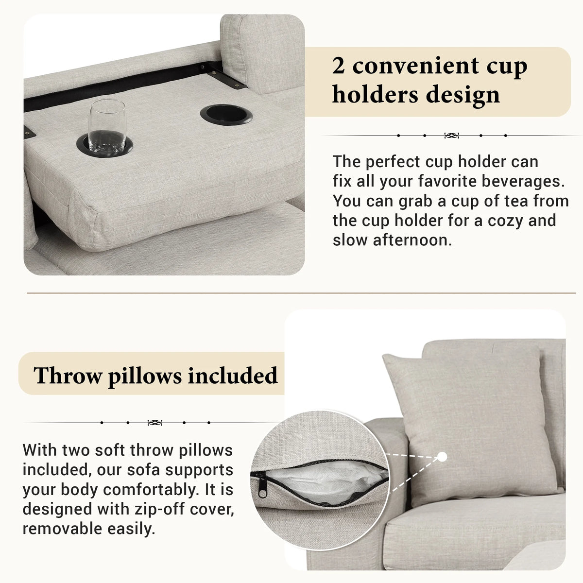Light Gray Sectional Sofa with Storage Ottoman and Cup Holder O628309