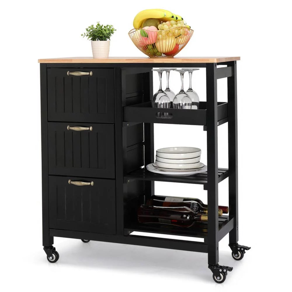 Black Rolling Kitchen Island Cart with 3 Drawers H93656