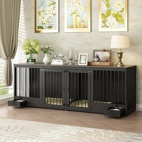 Black Heavy Duty Wooden Dog Crate with Dog Bowl Drawers & Divider X8078