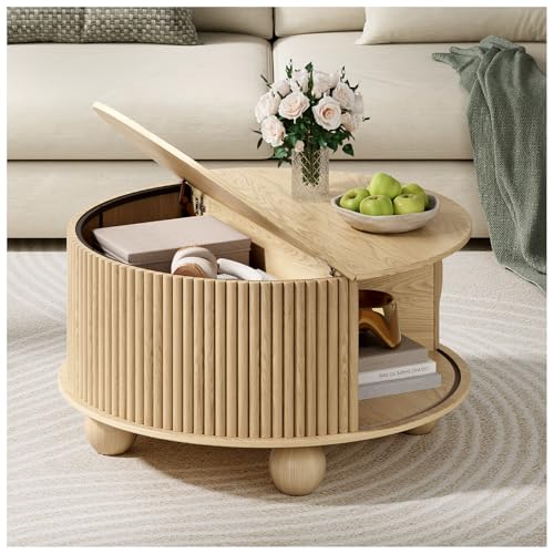 Round Storage Coffee Table with Sliding Cabinet Door, Walnut B911