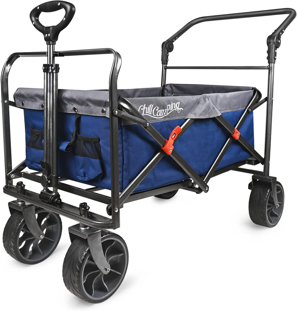 Collapsible Folding Wagon with Adjustable Push Pull Handles, Big Rubber Wheels, Green/Gray J29040