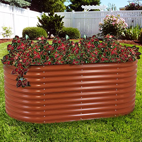 Brown 79-Inch Oval Stackable Steel Raised Garden Bed with Rubber Edge Trim L479