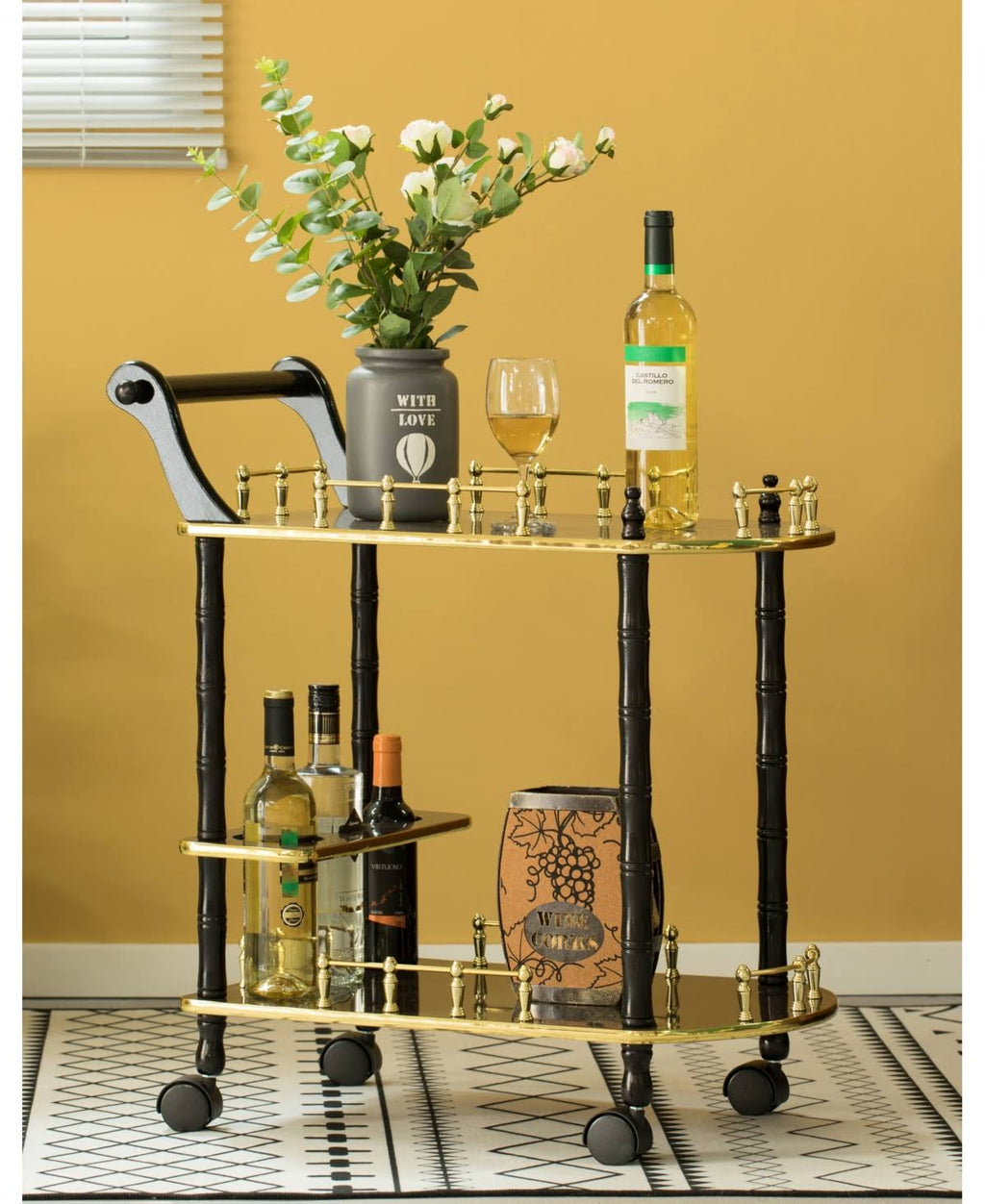 Gold Black and White Wood Serving Bar Cart with 2 Tier Shelves and Rolling Wheels V9297