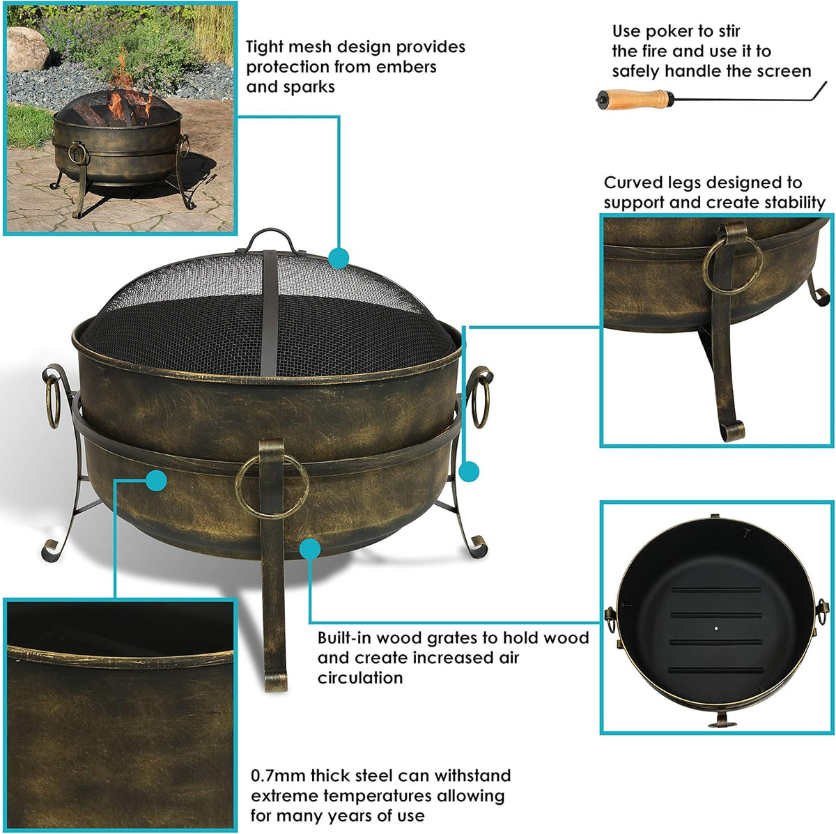 24-Inch Wood-Burning Fire Pit with Spark Screen, Poker, and Grate R544