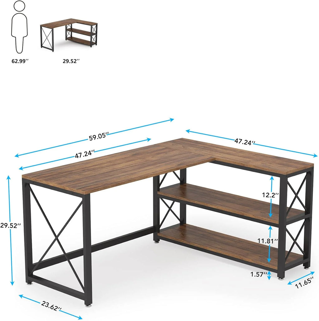 Reversible Industrial L-Shaped Desk with Storage Shelves, Corner Computer Desk (Brown, 59") M411