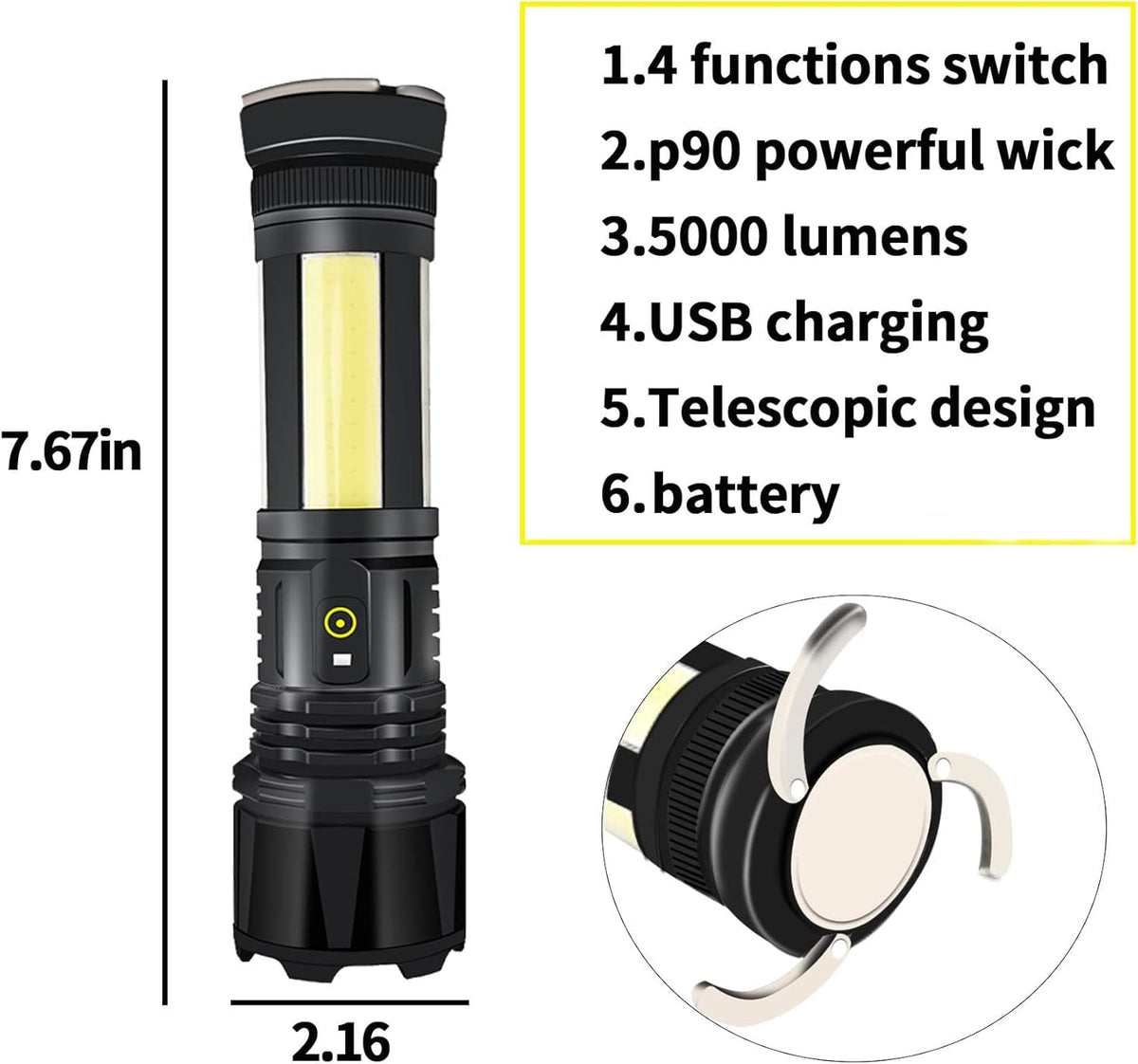 Rechargeable LED Flashlight 90000 Lumen Waterproof Magnetic 5 Modes Zoomable K6748