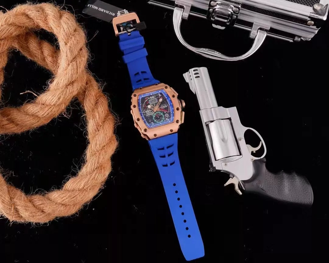 Blue Dial Rose Gold Bezel Rubber Strap Skeleton Watch X187