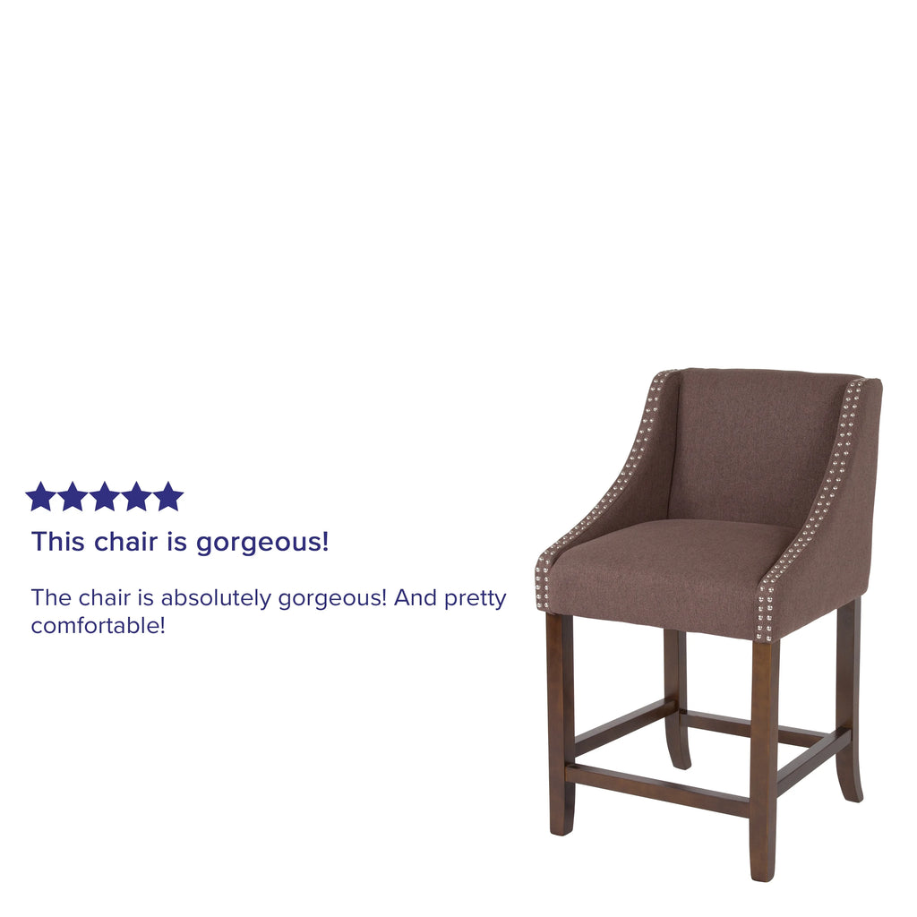 Walnut Counter Height Stool with Nailhead Trim in Brown Fabric - Set of 2 E72995