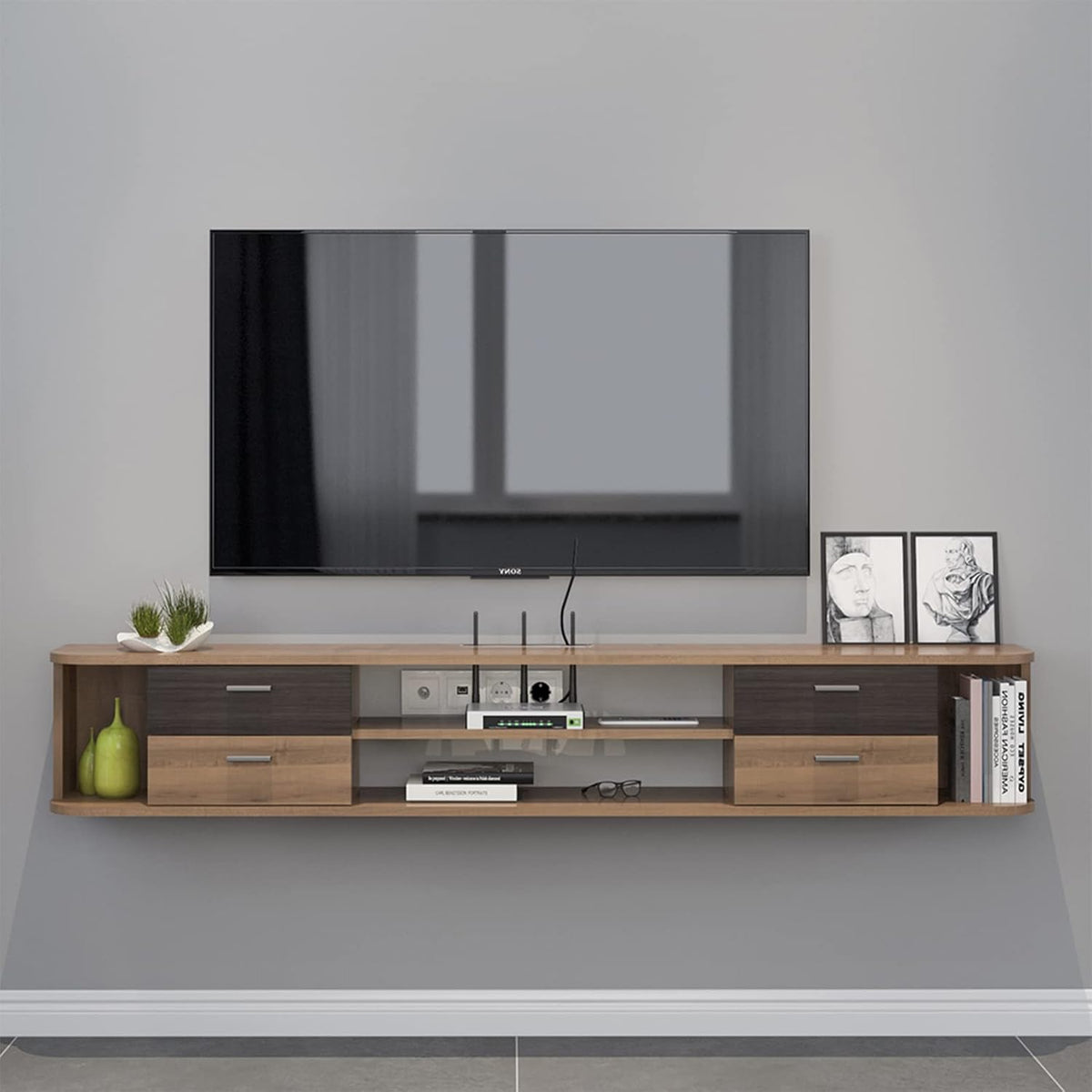 Walnut Wall Mounted Floating TV Stand with 4 Drawers I35690