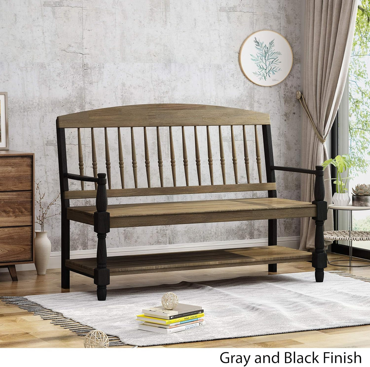 Gray and Black Acacia Wood Bench with Shelf K8383