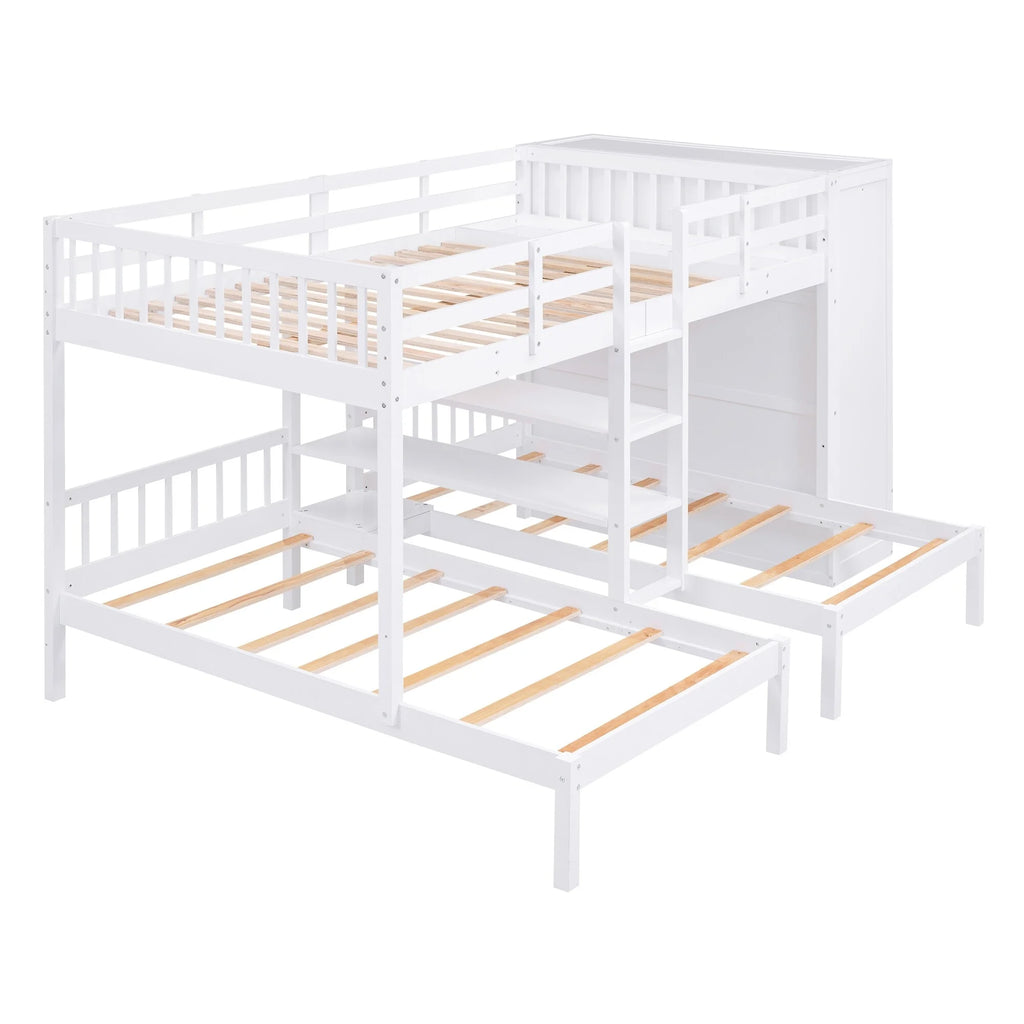 White Full-Over-Twin-Twin Bunk Bed with Shelves, Wardrobe, Mirror, and Storage V236