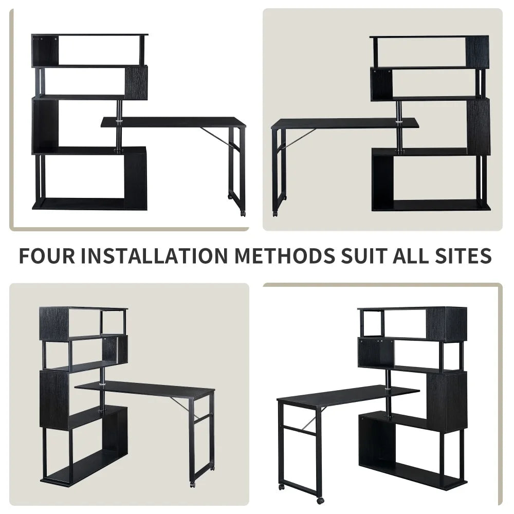 L-Shaped Corner Computer Desk with 5-Tier Bookshelf Black L2371