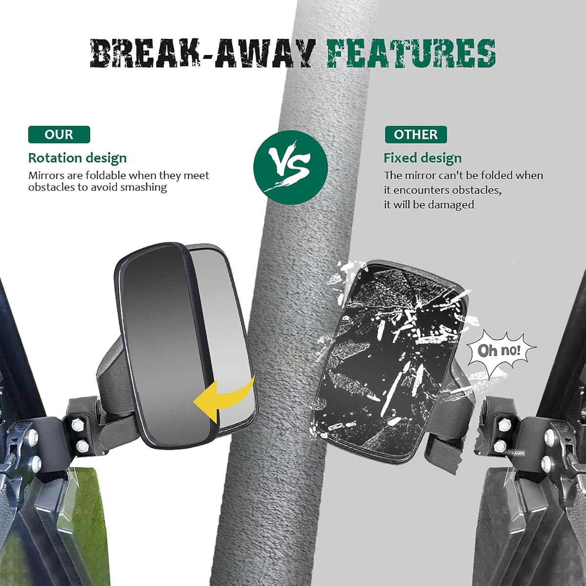 UTV Centre View & Side View Mirror for 1.5''-2'' Roll Cage Bar w/ Pair Grab Handle Set L57784