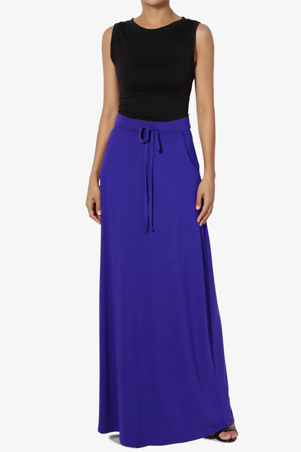 Drawstring Waist Pocket Jersey A-Line Maxi Skirt U574