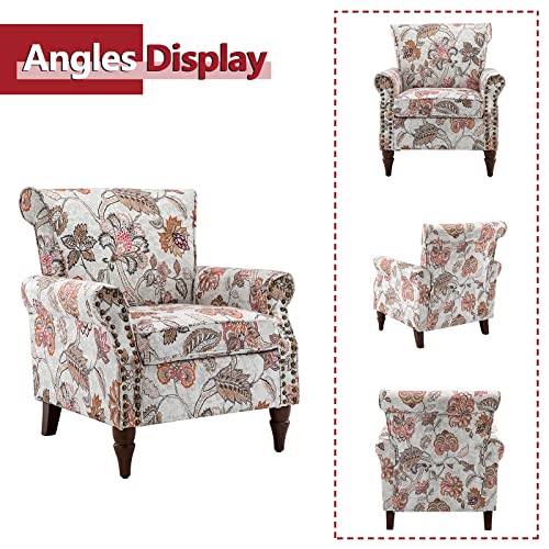 Blue Floral Pattern Upholstered Accent Chair with Wood Legs B36056
