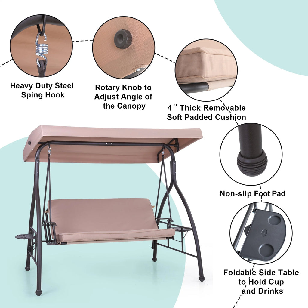3-Seat Outdoor Converting Canopy Swing Glider Hammock with Foldable Side Table - Beige W212
