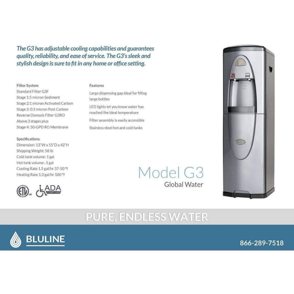 Silver Stainless Steel Bottleless Water Cooler H3107