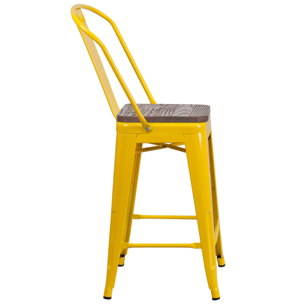 Yellow Metal Counter Height Stool with Back and Wood Seat K2268