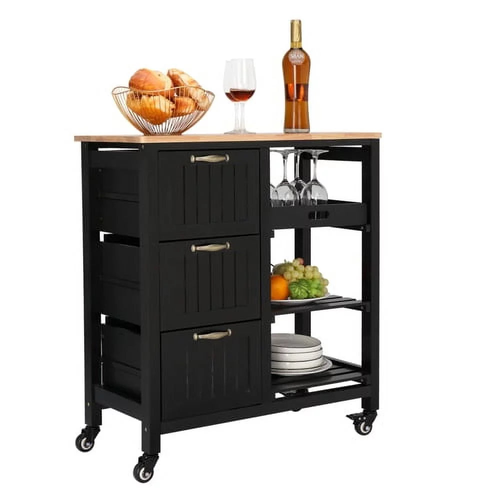 Black Rolling Kitchen Island Cart with 3 Drawers H93656
