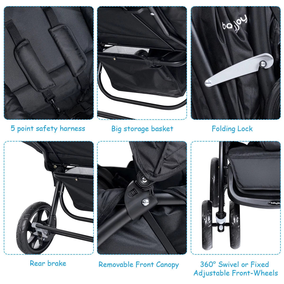 Double Stroller Foldable Lightweight Black K77834