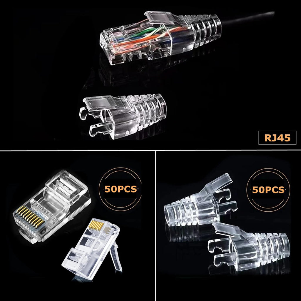 RJ45 Crimp Tool Ethernet Cable Crimper Wire Cutter Stripper Network Pass Through Crimping Tool Kit for Cat5e Cat6 Cat6a, 50Pcs Cat6 Connector & 50Pcs Cat6 Protector Cover S263
