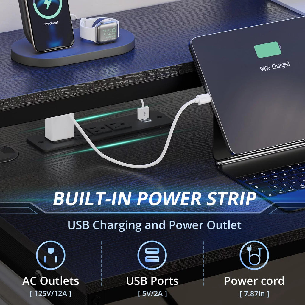 L Shaped Computer Desk with Power Outlet and LED Strip, Black Y5729